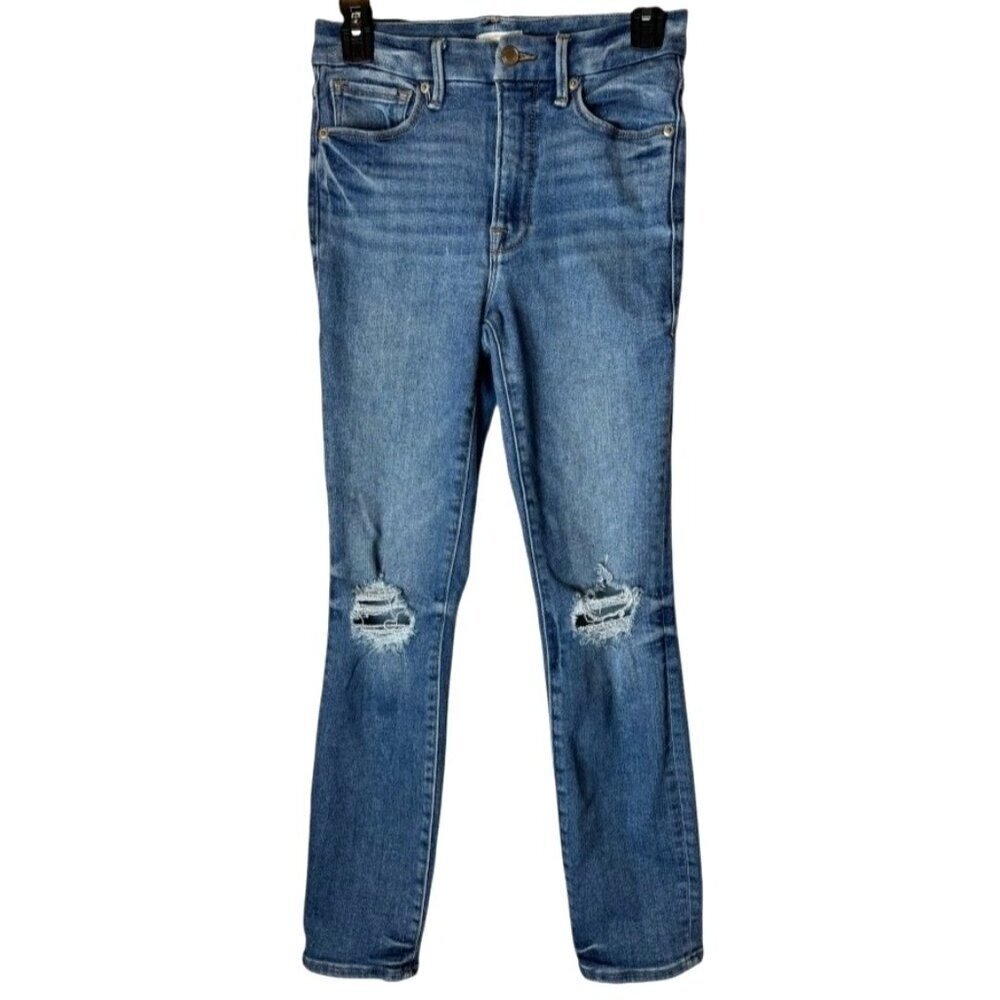 Good American Jeans Women 26 Blue Soft Tech Good Legs Distressed Straight‎